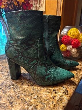 Pointed Green Snake-Print Ankle Block Heel Booties